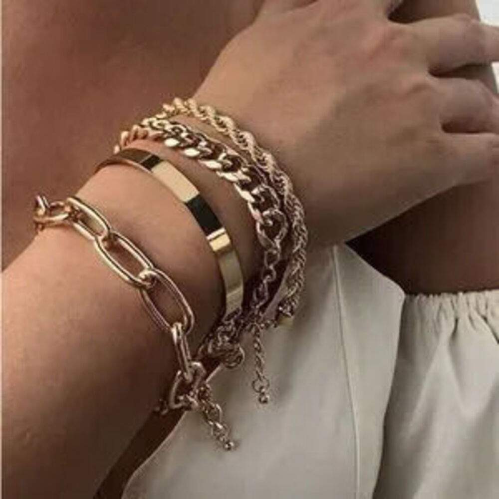 Gold Chain Cable Bracelet Set (7402)